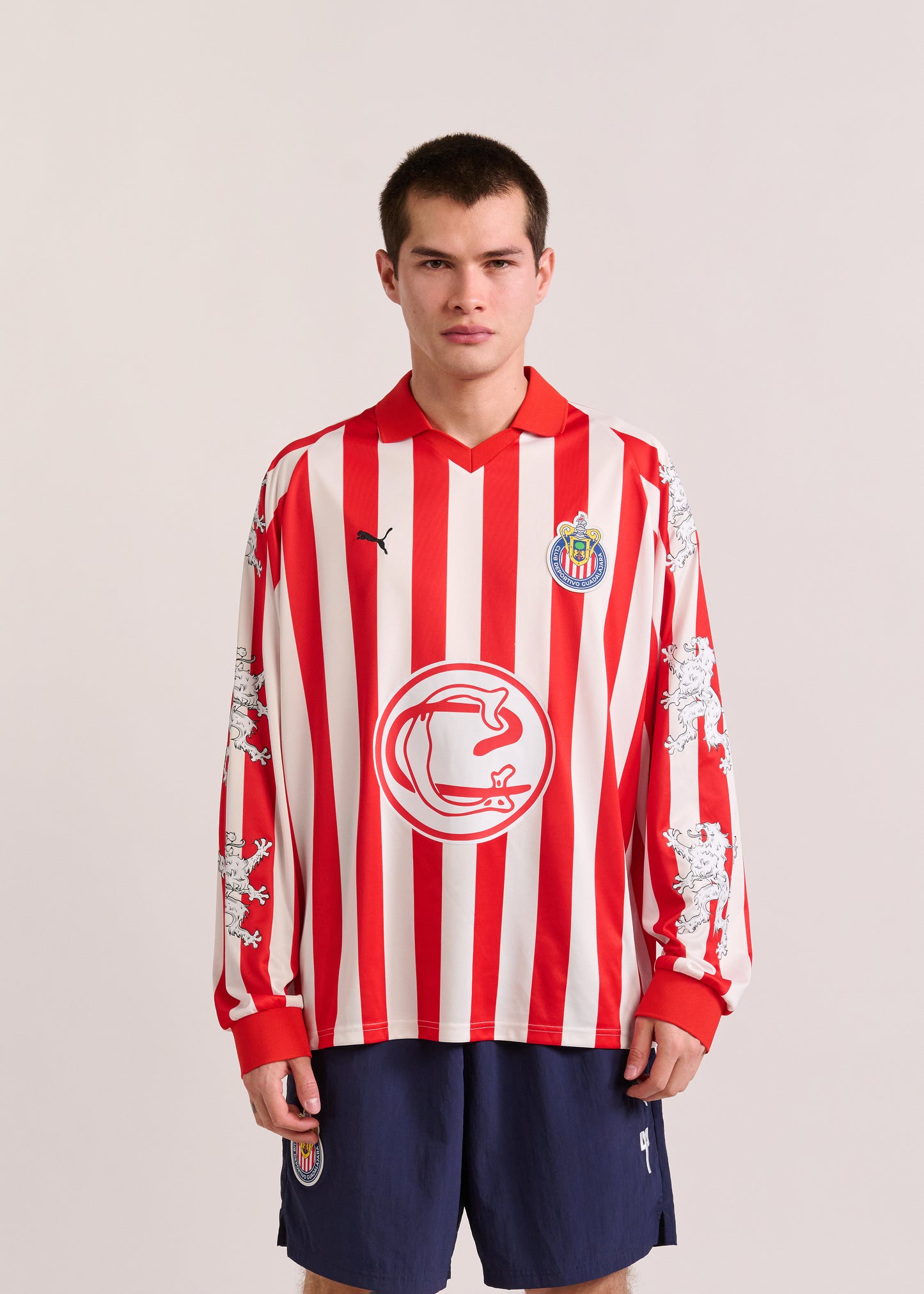 PUMA X LYM X CHIVAS LONG SLEEVE WHITE AND RED RETRO JERSEY SELECT.