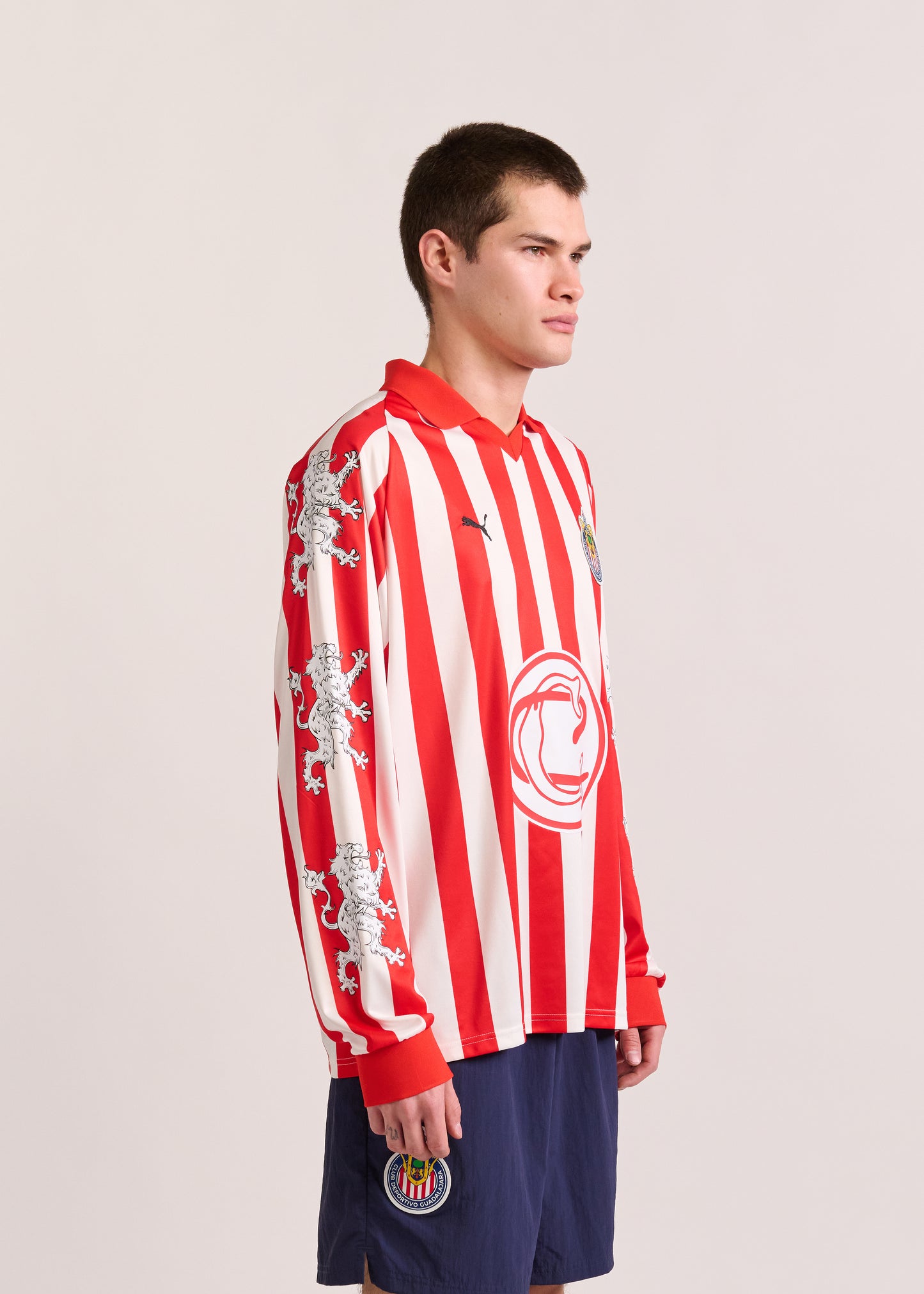 PUMA X LYM X CHIVAS LONG SLEEVE WHITE AND RED RETRO JERSEY SELECT.