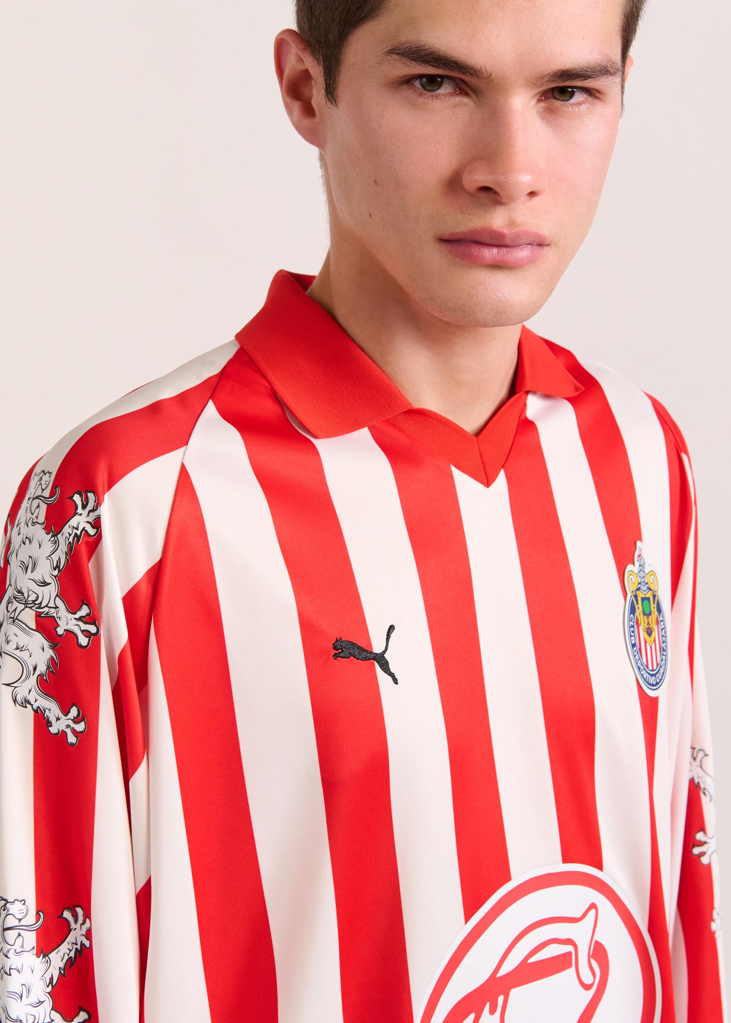 PUMA X LYM X CHIVAS LONG SLEEVE WHITE AND RED RETRO JERSEY SELECT.